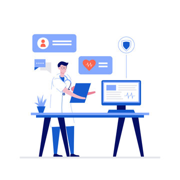 Online doctor at work vector illustration concept with characters. Modern flat style for landing page, mobile app, poster, flyer, template, web banner, infographics, hero images
