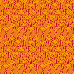 Fototapeta premium Seamless vector pattern with wild mushrooms. Inedible mushrooms. Decorative toadstool. Stylized illustration. Halloween, an autumn holiday. Yellow drawings on an orange background.