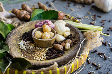 Native spices of Indonesia. Spices such as nutmeg or mace, cloves, pandanus leaves, palm trees, and galangal are native to Indonesia. the secret of the richness of Indonesian cuisine