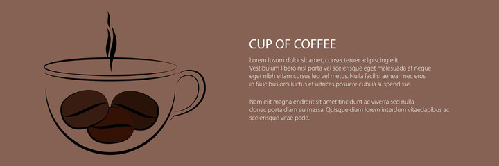 Banner of cup of hot coffee with steam and grains, vector illustration