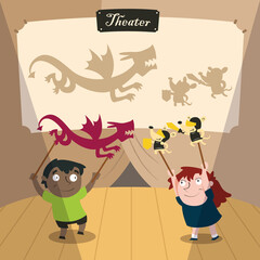 kids playing with puppets in a shadow theater