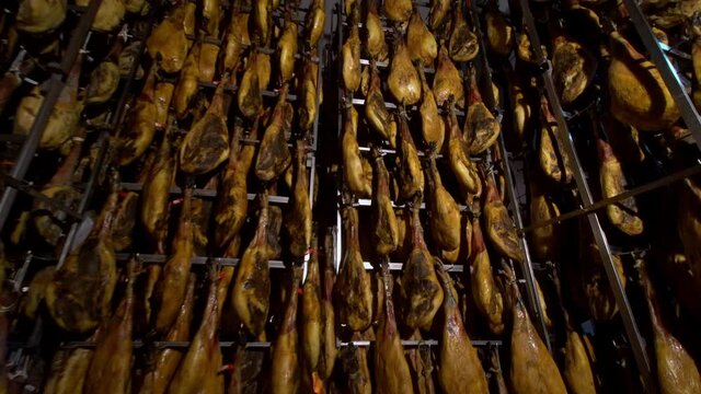 wide-angle detail of a ham factory with all the ham legs hanging on the racks.traveling dolly with a stabilized gimbal backwards where we can see the massive amount of legs, incredible and unique