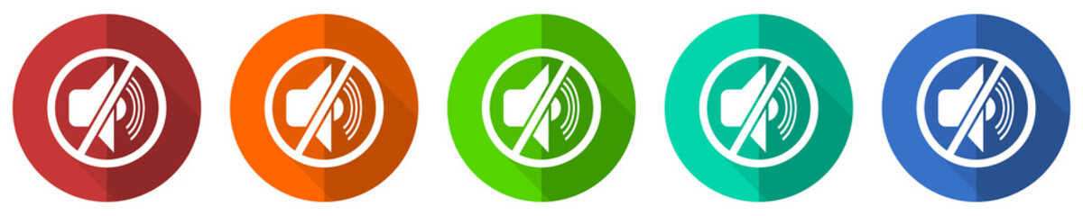 Mute icon set, red, blue, green and orange flat design web buttons isolated on white background, vector illustration