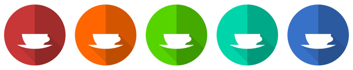 Cofeee icon set, red, blue, green and orange flat design web buttons isolated on white background, vector illustration