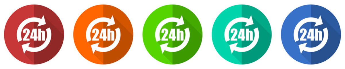 24h icon set, red, blue, green and orange flat design web buttons isolated on white background, vector illustration