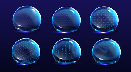 Force shield bubbles, energy glowing spheres or defense dome fields. Science fiction various deflector elements, firewall absolute protection isolated on blue background, Realistic 3d vector set © klyaksun
