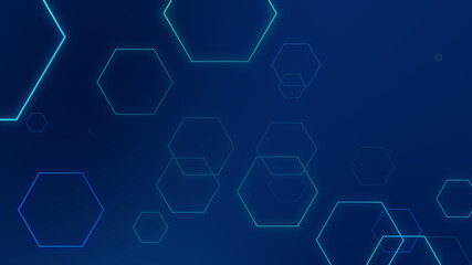 Hexagon geometric blue neon lights technology Hi-tech dark background. Abstract graphic digital future science concept design.