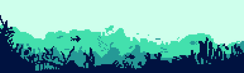 Pixel silhouette of fish and algae on the background of the reefs. Underwater ocean scene. Deep blue water, coral reef and underwater plants. beautiful underwater scene;