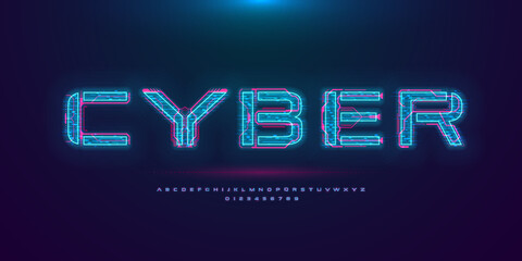 Futuristic cyberpunk hologram font. Modern English alphabet with blue hud neon effect and pink printed circuit board. Good for design promo electronic music events and game titles. Vector