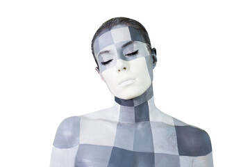 Portrait of a young woman with the creative makeup in shades of grey. Gray and white squares painted on the female face. Isolated on white background.