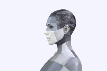 Portrait of a young woman with the creative makeup in shades of grey. Gray and white squares painted on the female face. Isolated on white background.