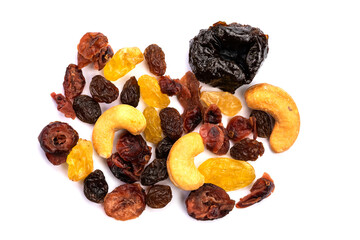 Top view of different kinds of mixed dried fruit on white background.