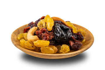 Various dried fruit in a wooden plate on white background with clipping path.