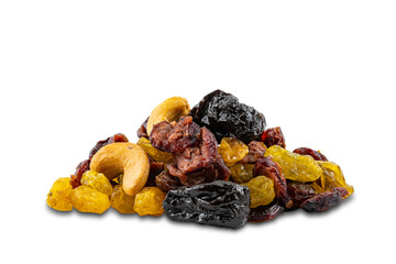 Pile of mixed various dried fruit on white background with clipping path.