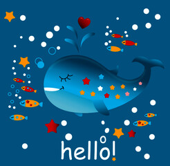 Fototapeta na wymiar Vector illustration of a whale. Funny whale with small fishes. Illustration for kids. Card design