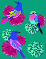 Vector illustration of colorful birds and flowers. Fashion illustration