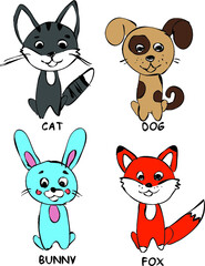 Vector illustration of fox, dog, cat and bunny  Illustration for kids