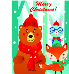 Obraz premium Vector christmas winter illustration of happy bear, fox, rabbit.Illustration for kids. Gift card