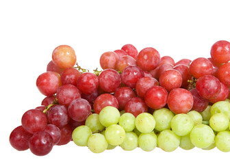 Bunch of green grapes with red grapes with water drops on them, isolated on white background.