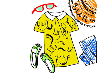 Vector illustration of fashion summer apparel. Travel set luggage for a stylish girl. Holiday fashion set