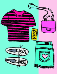 Vector illustration of fashion trendy spring summer apparel and accessories. Style set. Travel luggage for a girl