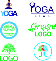 Vector logotype set. Yoga logotype. Green tree logotype
