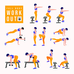 Full Body Workout Set. Women doing fitness and yoga exercises. Lunges, Pushups, Squats, Dumbbell rows, Burpees, Side planks, Situps, Glute bridge, Leg Raise, Russian Twist, Side Crunch .etc