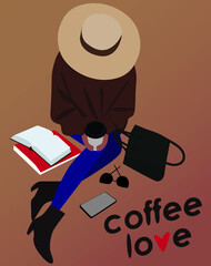  Vector fashion illustration of a girl 
 in a hat, coffee and a book