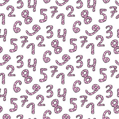 Seamless pattern with light pink and purple doodle numbers on white background. Vector image.