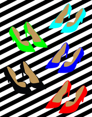 Vector fashion illustration of colorful trendy modern shoes on the striped black and white background 