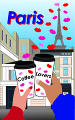 Vector illustration of man and woman with coffee in their hands on the street. Coffee lovers. Big city. Flat graphic