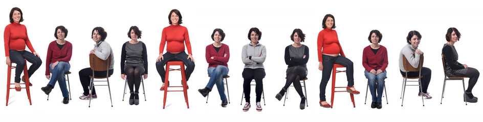 the same woman in different outfits and pregnant sitting in a chair on white background