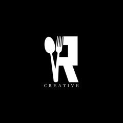 Combination fork and spoon flat R letter logo design