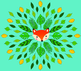 Vector illustration of fox and leaves. Illustration for kids