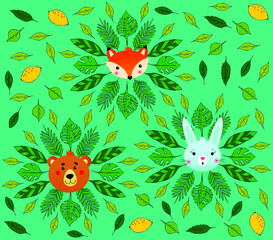 Vector funny illustration of fox, rabbit and bear in green leaves. Illustration for kids. 