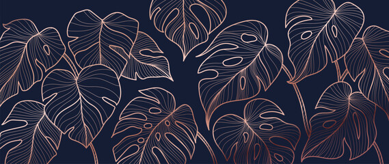Luxe goud en natuur groene achtergrond vector. Bloemmotief, Golden split-leaf Philodendron plant met monstera plant lijntekeningen, vectorillustratie.