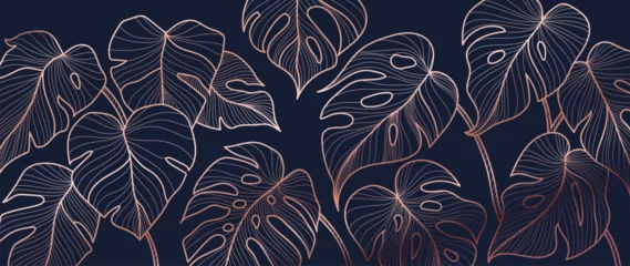 Foto op Plexiglas Kantoor Luxe goud en natuur groene achtergrond vector. Bloemmotief, Golden split-leaf Philodendron plant met monstera plant lijntekeningen, vectorillustratie.