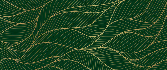 Luxury golden emerald wallpaper.  Abstract gold line arts texture with green emerald background design for cover, invitation background, packaging design, fabric, and print. Vector illustration.