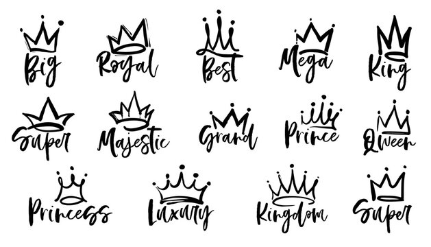 Crown logo graffiti icon. Queen, king, royal, princess, prince, super, grand, best, kingdom, magestic, mega text. Black elements isolated on white background. Vector illustration.