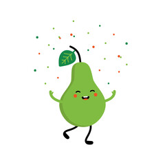 Cute happy smiling cartoon green pear character throwing up colorful confetti in the air.
