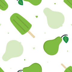 Cute summer season vector seamless pattern background with green pears, popsicles and hearts.