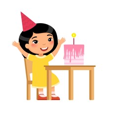 Little asian girl with birthday cake flat vector illustration. Child in party hat celebrating anniversary cartoon character. Anniversary celebration, festive pastry with candle 