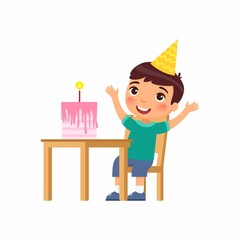 Little boy with birthday cake flat vector illustration. Child in party hat celebrating anniversary cartoon character. Anniversary celebration, festive pastry with candle on table isolated on white