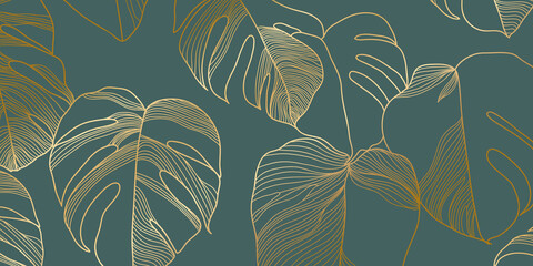 Luxury gold and nature green background vector. Floral pattern, Golden split-leaf Philodendron plant with monstera plant line arts, Vector illustration. © TWINS DESIGN STUDIO