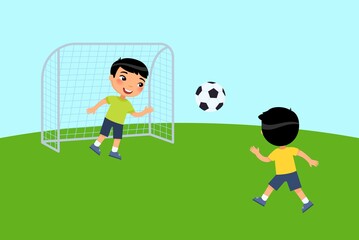 Two little asian boys play soccer. Children play outdoors. The concept of summer vacation, sports activity. Flat vector illustration. Isolated cartoon character on white background.