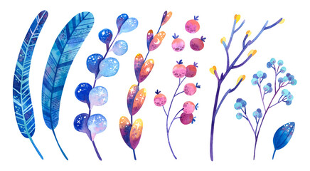 Fototapeta premium Blue and purple cosmic plants with symbols of stars and the moon. Feathers, flowers, leaves, berries. Watercolor illustrations set. Clipart collection for postcard, banner design