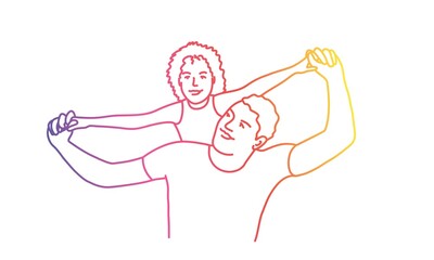 Dad with daughter on his shoulders. Rainbow colours in linear vector illustration.