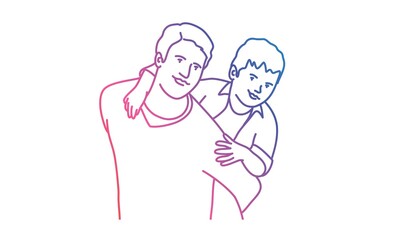 Happy family. Father and son. Rainbow colours in linear vector illustration.