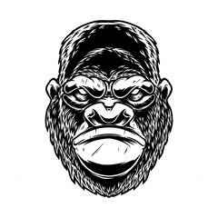 Illustration of head of angry ape in vintage monochrome style. Design element for logo, emblem, sign, poster, card, banner. Vector illustration