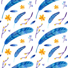 Seamless pattern with blue feathers and yellow flowers. Wallpaper, wrapping paper design, textile, scrapbooking, digital paper. Watercolor hand drawn illustrations on white background.